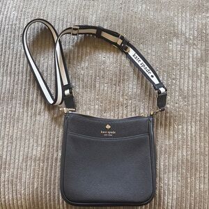 kate spade Black Pebbled Leather Crossbody with Branded Stripe Strap
